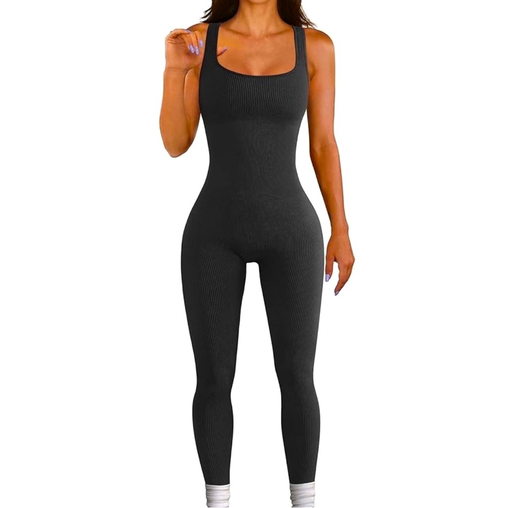 New OQQ Black Ribbed Exercise Workout Jumpsuit leisurewear yoga casual Medium